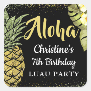 Aloha Black Gold Glitzer Ananas Floral Geburtstag Quadratischer Aufkleber