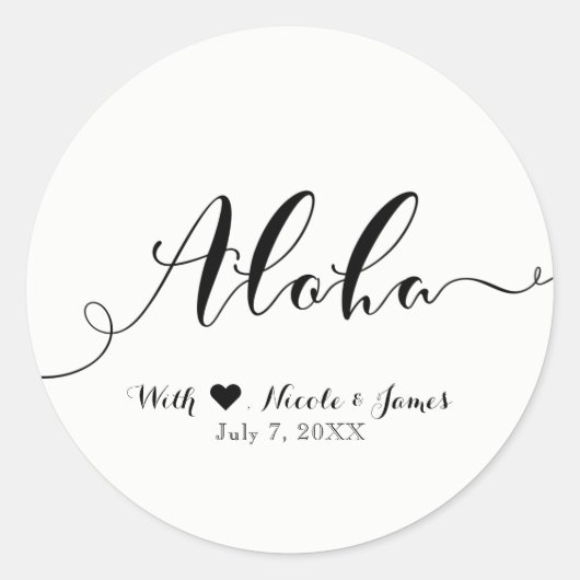 ALOHA Black Script Chic Hawaiian Luau White Favor Runder Aufkleber (Vorderseite)