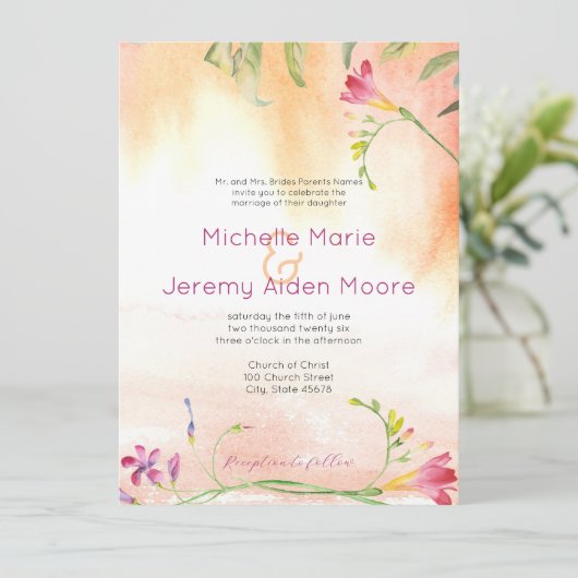 Aloha Boho Freesia Pink Pop Einladung (Stehend Vorderseite)