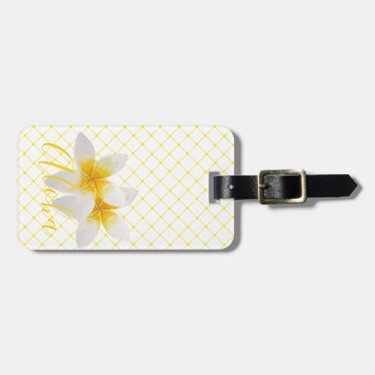 Aloha | Elegante tropische Blume & Gelbe Trellis Gepäckanhänger (Vorderseite horizontal)