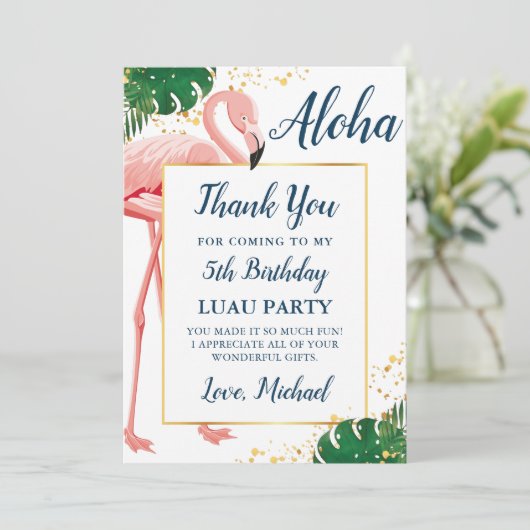 Aloha Flamingo Blue Gold Tropical Birthday Dankeskarte (Stehend Vorderseite)