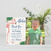 Aloha Flamingo Blue Gold Tropical Birthday Foto Dankeskarte (Stehend Vorderseite)