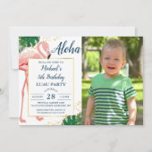 Aloha Flamingo Blue Gold Tropical Birthday Foto Einladung (Vorderseite)