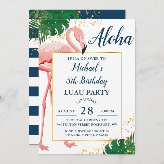 Aloha Flamingo Blue Gold Tropical Luau Birthday Einladung (Vorne/Hinten)