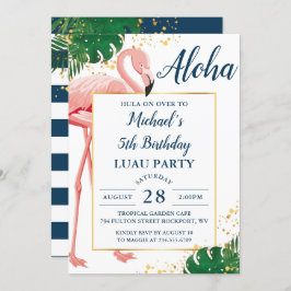 Aloha Flamingo Blue Gold Tropical Luau Birthday Einladung