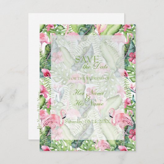 Aloha Flamingo Tropical Beach Save the Date Ankündigungspostkarte (Vorne/Hinten)