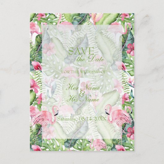 Aloha Flamingo Tropical Beach Save the Date Ankündigungspostkarte (Vorderseite)
