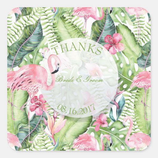 Aloha Flamingo Tropical Beach Wedding Danke Quadratischer Aufkleber (Vorderseite)