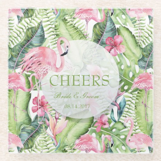 Aloha Flamingo Tropical Beach Wedding Glasuntersetzer (Vorderseite)