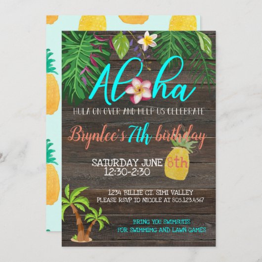 ALOHA Geburtstag|Tropical|Pool Party Einladung (Vorne/Hinten)