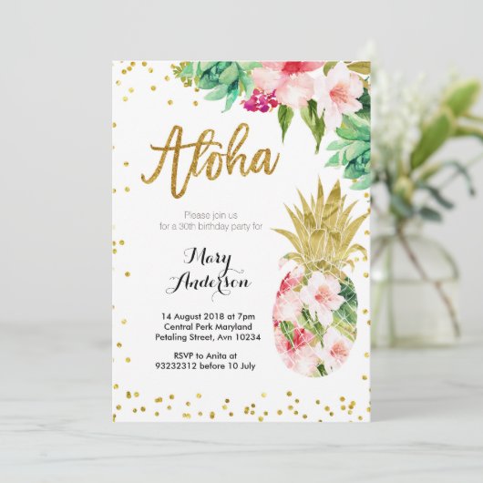 Aloha Gold Ananas Einladung zum Geburtstag (Stehend Vorderseite)