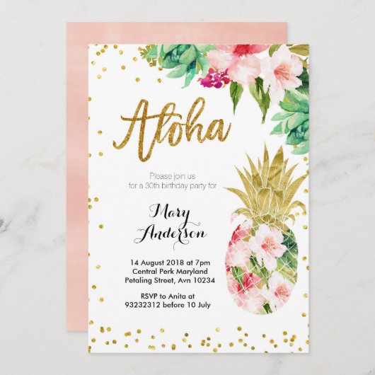 Aloha Gold Ananas Einladung zum Geburtstag (Vorne/Hinten)