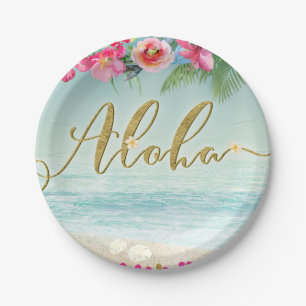 ALOHA Gold Tropischer Strand Hibiskus Blumen Flora Pappteller