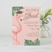 Aloha Grad Pink Flamingo Tropical Girl Abschluss Einladung (Stehend Vorderseite)
