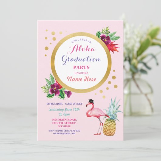 Aloha Graduation Party Flamingo Einladung Tropical (Stehend Vorderseite)