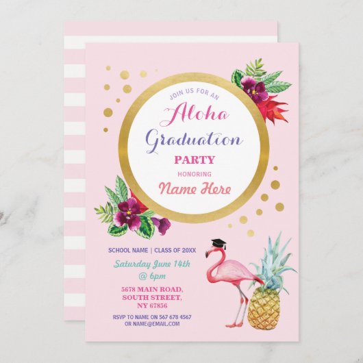 Aloha Graduation Party Flamingo Einladung Tropical (Vorne/Hinten)