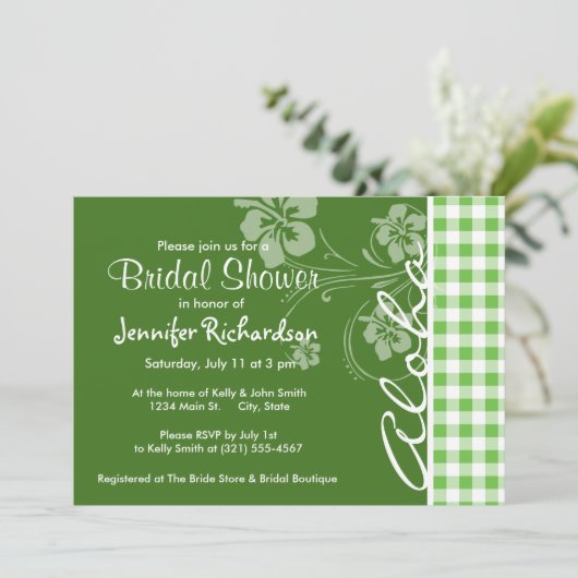 Aloha; Green Checkered; Gingham Einladung (Stehend Vorderseite)