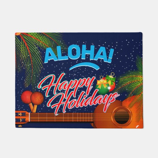 ALOHA Happy Holidays mit Ukulele und Palm Fußmatte (Vorderseite)