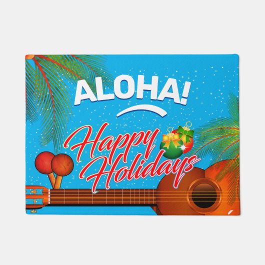 ALOHA Happy Holidays mit Ukulele und Palm Fußmatte (Vorderseite)