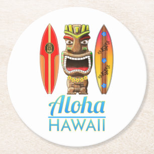 Aloha Hawaii hawaiisches surfendes Tiki Runder Pappuntersetzer