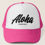 Aloha Hawaii Skripttypografie benutzerdefinierte F Truckerkappe<br><div class="desc">Aloha Hawaii Pinsel Skript Typografie benutzerdefinierte Farbe Trucker Hat. Individuelle schwarz-weiße Baseballkappe für Sommer, Strand, lässige Kleidung, Sport, Reisen, Golf und vieles mehr. Stilvolles Handschriftendesign für Damen und Herren. Erhältlich auch in anderen coolen Farben. Fügen Sie optional Ihren eigenen amerikanischen Staat oder Text hinzu. Spaß Geburtstag Geschenk Idee für Freunde...</div>