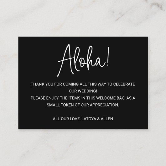 Aloha Hawaii Wedding Black Willkommensgeschenk Beu Platzkarte (Vorderseite)