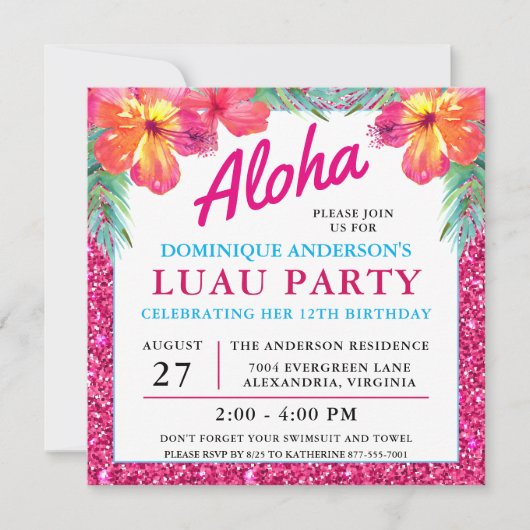 Aloha Hawaiian Luau Hibiskus Rosa Glitzer (Vorderseite)