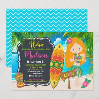 Aloha Hawaiian Luau Tropisches Mädchen Geburtstags Einladung