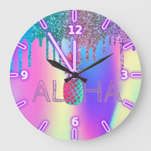 Aloha Hawaiian Pineapple Holographic Glitter Drips Große Wanduhr