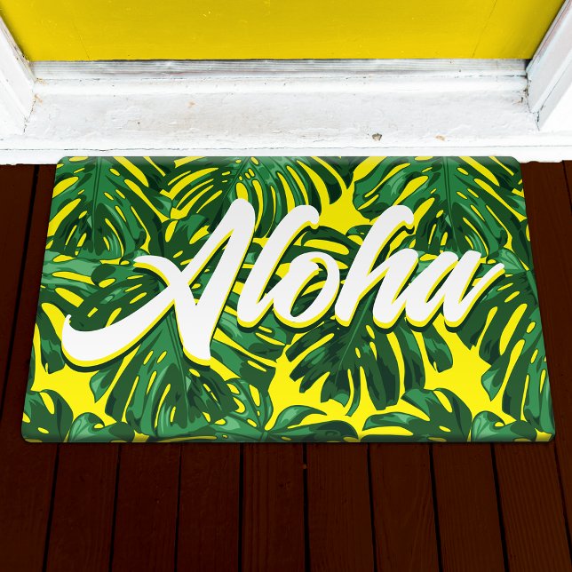 Aloha Hawaiian Tropical Green Yellow Palm Blätter Fußmatte (Von Creator hochgeladen)