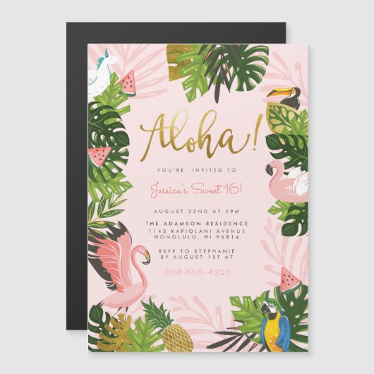 Aloha! | Hawaiian Tropical Summer Flamingo Party Magneteinladung (Vorne/Hinten)