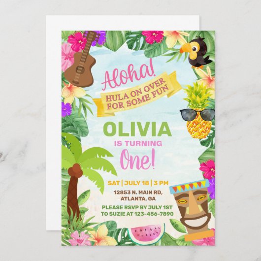 Aloha hawaiian tropischen Strand Mädchen Geburtsta Einladung (Vorne/Hinten)
