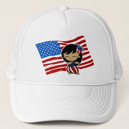 Aloha Honeys USA Flag Hula Girl Hats Truckerkappe (Vorderseite)