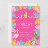 Aloha Hot Pink Tropical Luau Flamingo Geburtstag Einladung (Vorderseite)