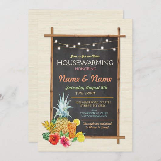 Aloha Housewarming Luau Tiki New Zuhause Einladung (Vorne/Hinten)