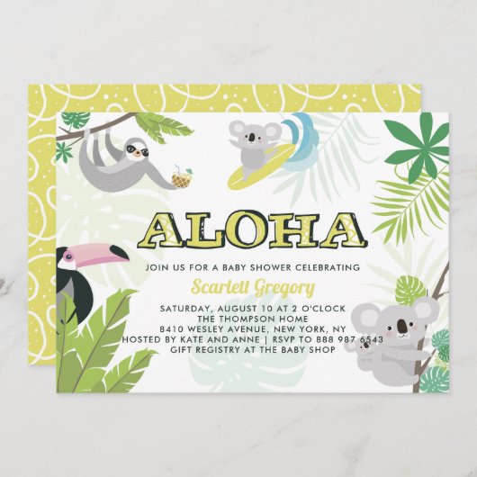 Aloha Koala Tropical Baby Dusche Einladung (Vorne/Hinten)