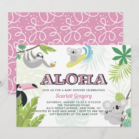 Aloha Koala Tropical Pink Baby Dusche Einladung (Vorne/Hinten)