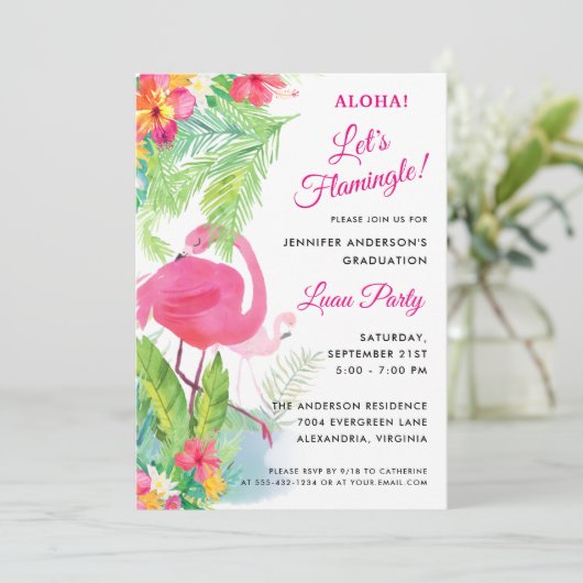 Aloha Let's Flamingle Abschluss Luau Party Einladung (Stehend Vorderseite)