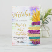 Aloha Lila Gold Rainbow Ananas Geburtstag Einladung (Stehend Vorderseite)