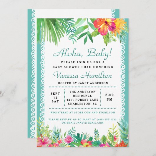 Aloha Luau Babydusche Tropische Einladung Aquamari (Vorne/Hinten)