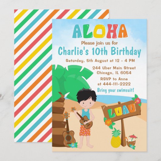 Aloha Luau Beach Birthday Black Hair Boy Einladung (Vorne/Hinten)