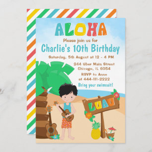 Aloha Luau Beach Birthday Black Hair Boy Einladung
