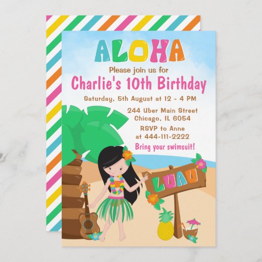 Aloha Luau Beach Birthday Black Hair Girl Invitati Einladung (Vorne/Hinten)