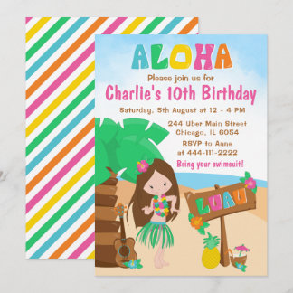 Aloha Luau Beach Birthday Brown Hair Girl Invitati Einladung