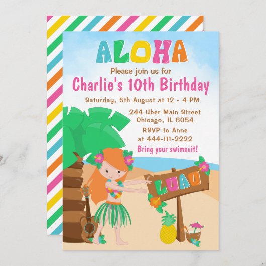 Aloha Luau Beach Birthday Red Hair Girl Einladung (Vorne/Hinten)