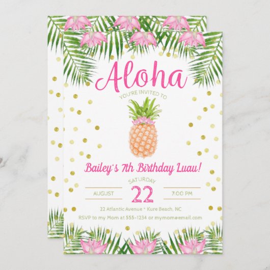 Aloha Luau Birthday Tropische Ananas in Rosa Einladung (Vorne/Hinten)