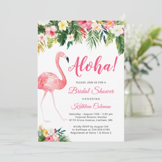Aloha Luau Brautparty Tropical Floral Flamingo Einladung (Stehend Vorderseite)