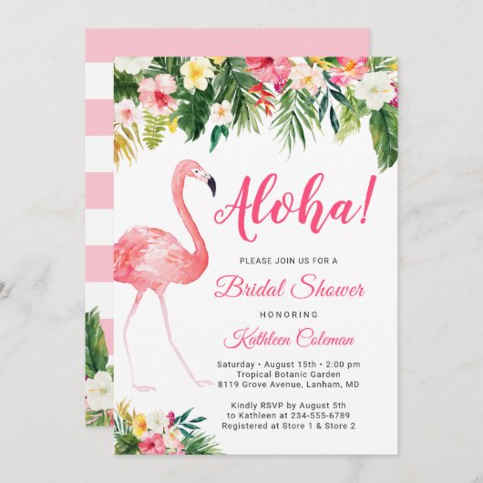Aloha Luau Brautparty Tropical Floral Flamingo Einladung (Vorne/Hinten)