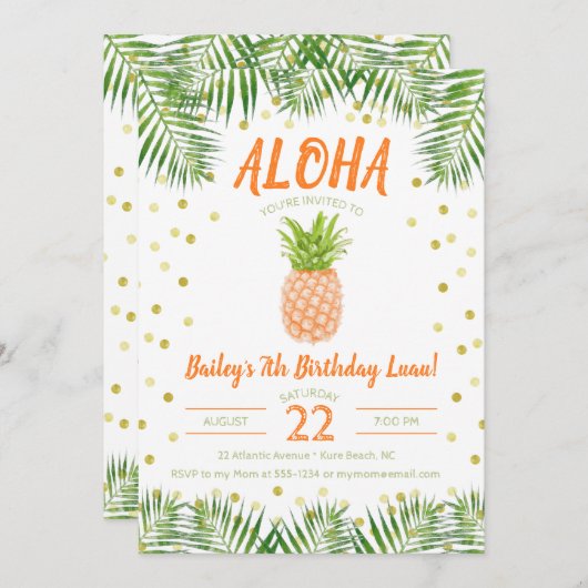 Aloha Luau Geburtstag Einladung Tropischer Ananas (Vorne/Hinten)