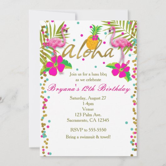 Aloha Luau Girls Tropical Flamingday Party Einladung (Vorderseite)